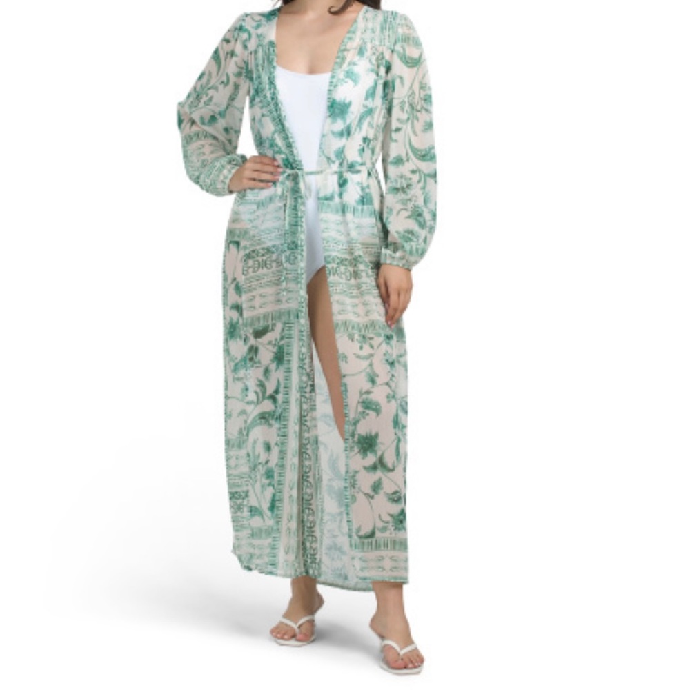 Elegant Green and white Floral swim kimono